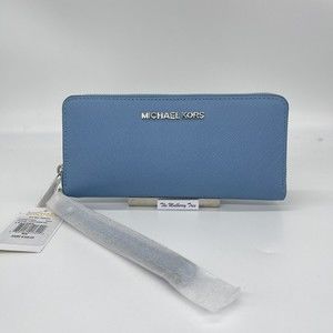 Michael Kors Sky Blue Jet Set Travel Continental Clutch Strap Wallet Large NWT